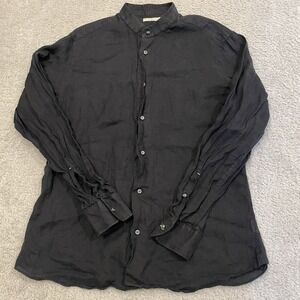 Luca Faloni Pure Linen Shirt Mens 42 16.5 Large Black Band Mandarin Collar